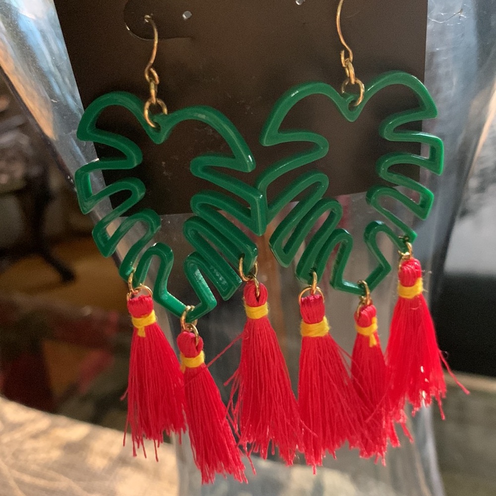Green and Red Leaf Tassel Earrings